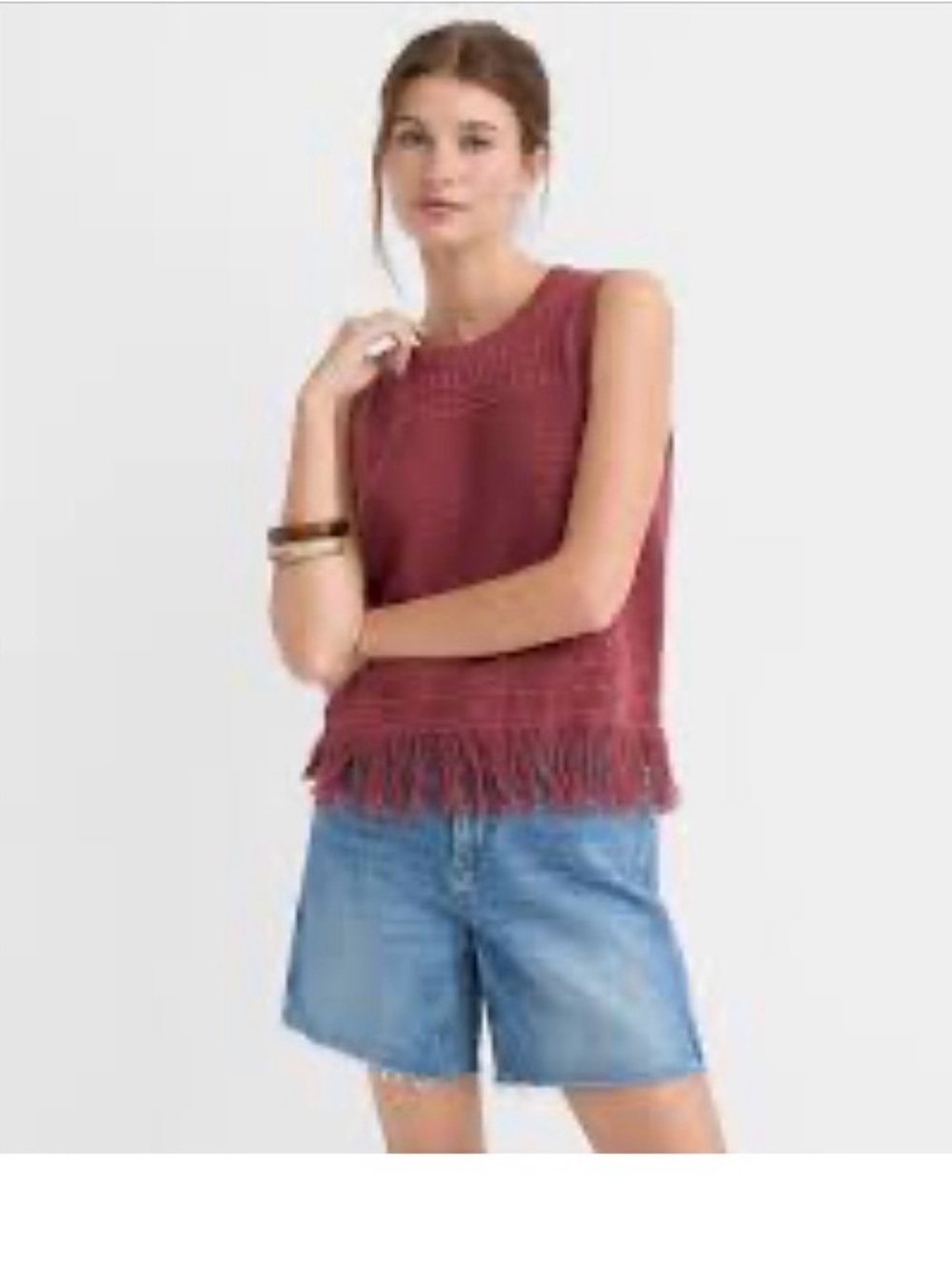 LOFT Brick Red Sleeveless Fringe Hem Tank